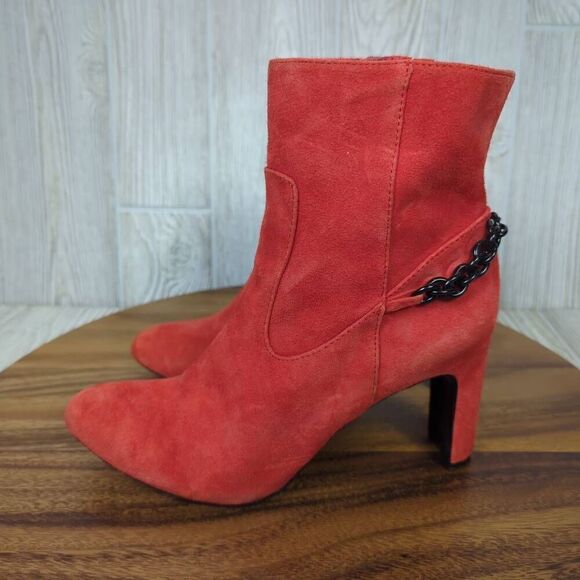 Calvin Klein Womens 8 Owena Suede Ankle Boots Red Chain Detail Zips High Heel - Picture 4 of 11